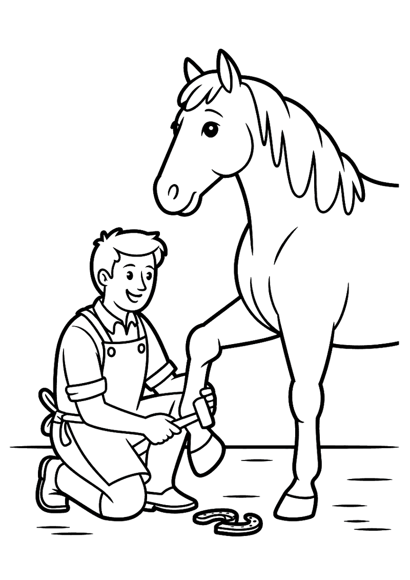 Kleurplaat van een lachende smid in werkschort die geknield voor een groot paard staat en een hoefijzer aan de opgetilde