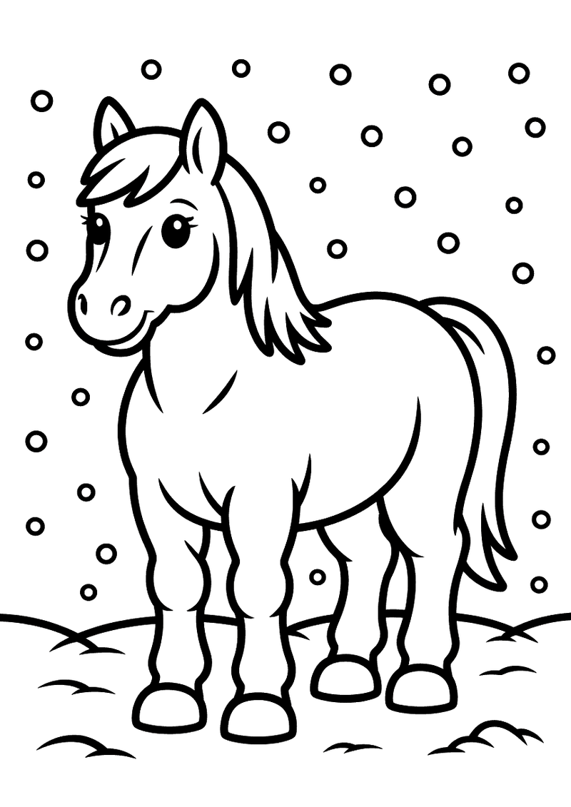 Kleurplaat van een paard dat recht vooruit kijkt terwijl ronde sneeuwvlokken en cirkels rondom hem neerslaan op een witt