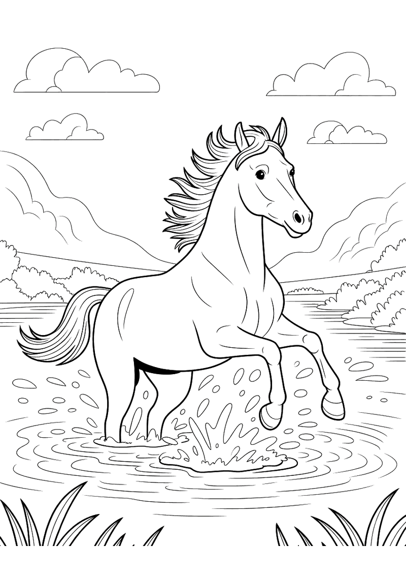 Kleurplaat van een paard dat galloppeert door ondiep water en grote spatten omhoog schopt terwijl bergen en wolken op de