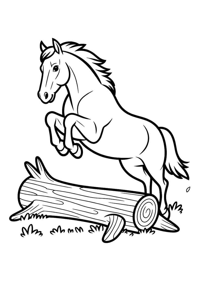 Kleurplaat van een krachtig paard dat met opgeheven voorpoten over een dikke gevallen boomstam springt in een bos met gr