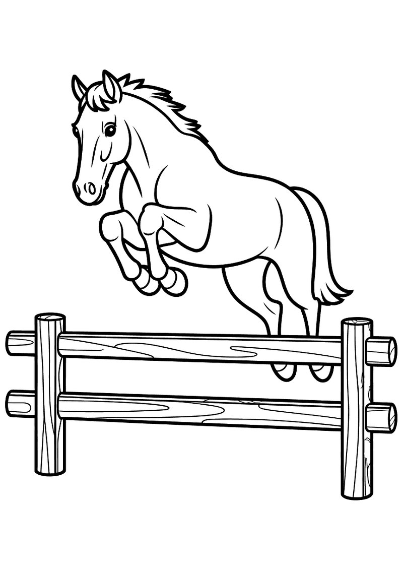 Kleurplaat van een paard dat met zijn vier benen over een houten hek springt met de rug gebogen en de manen in beweging