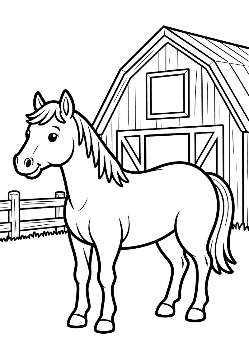 Kleurplaat van een paard dat naast een groot houten hek staat met op de achtergrond een rode schuur met een grote schuif