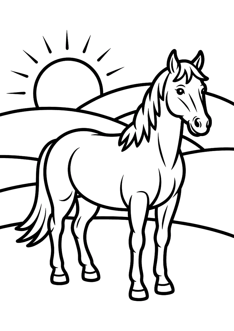 Kleurplaat van een paard dat staat in een weide met op de achtergrond een grote ondergaande zon boven glooiende heuvels