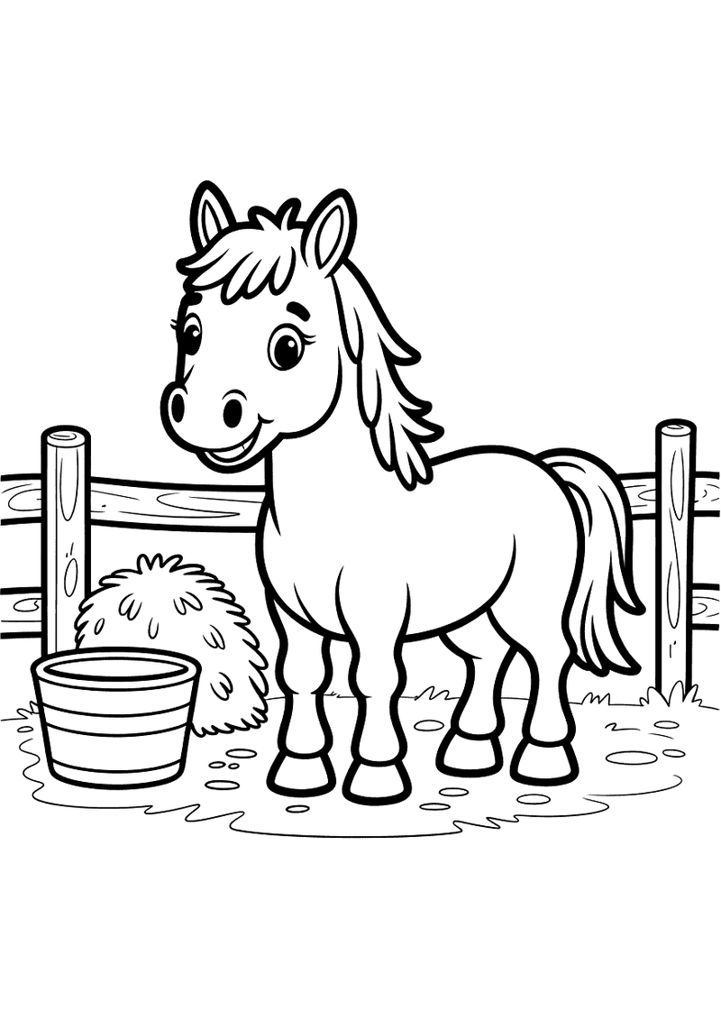 Kleurplaat van een jong paard dat vrolijk in een stal staat bij een houten hek met een hooidoos en emmer op de grond erv