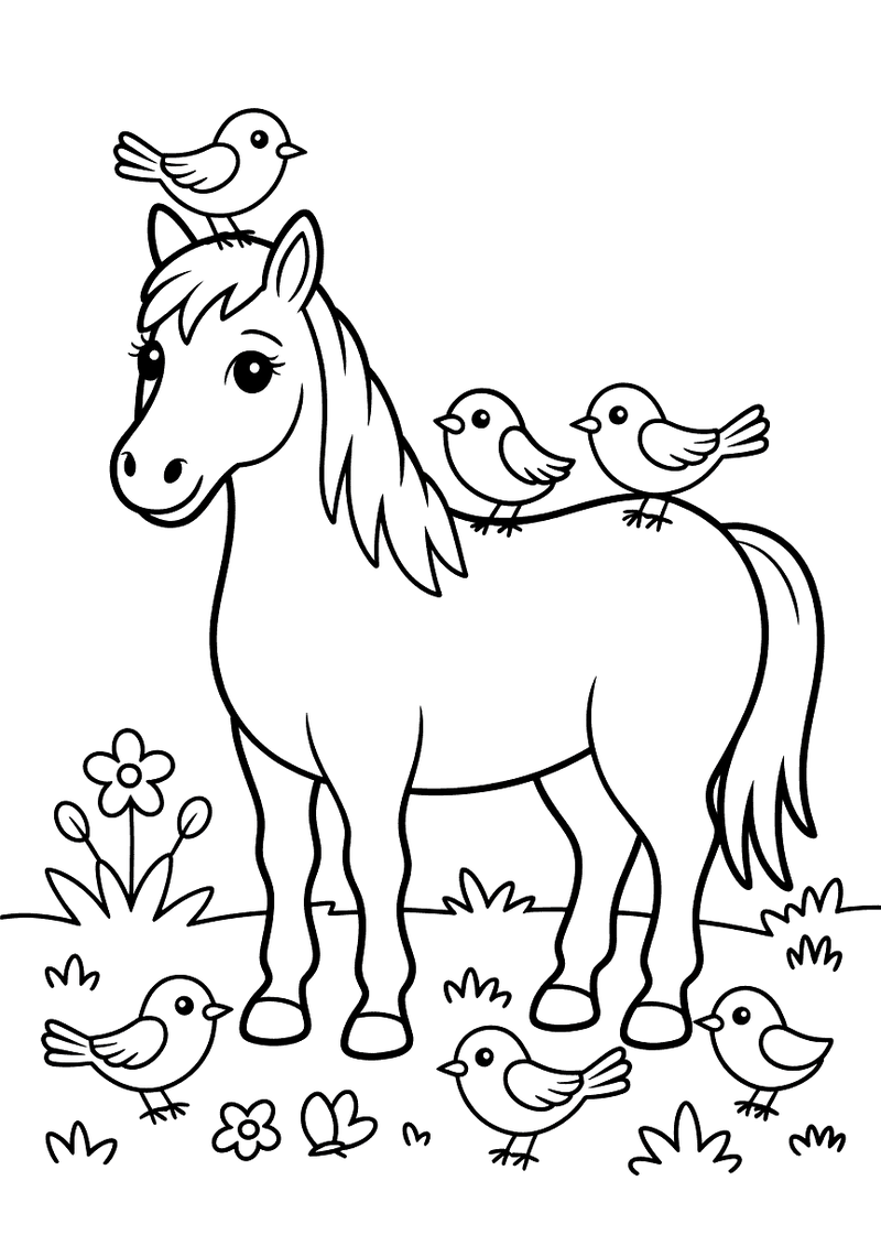 Kleurplaat van een paard dat in een bloemrijke weide staat terwijl vijf kleine vogeltjes op zijn rug, hoofd en rondom op