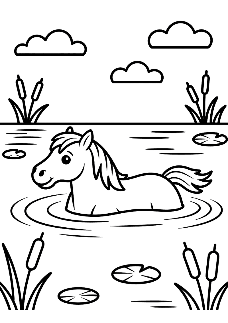 Kleurplaat van een paard dat tot zijn romp in het water van een meer zwemt omgeven door rietpluimen, waterlelies en wolk