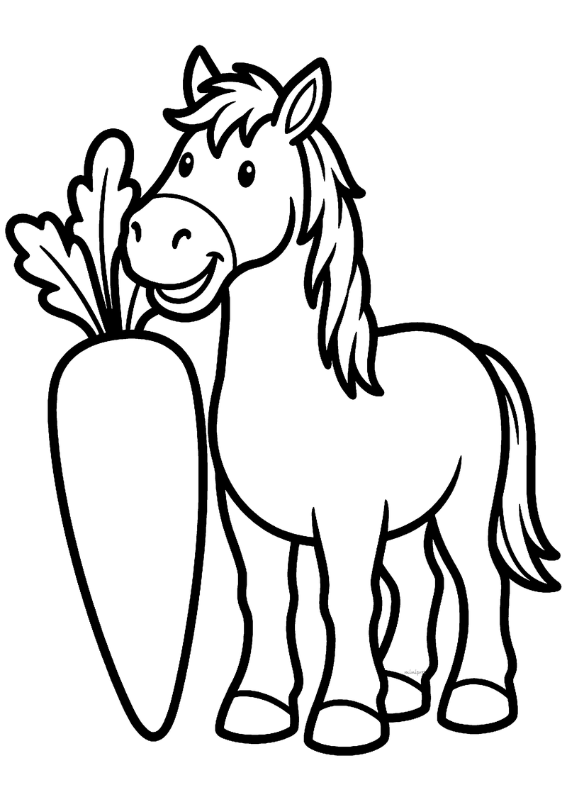 Kleurplaat van een lachend paard dat naast een reusachtige wortel met loof staat, getekend met dikke lijnen