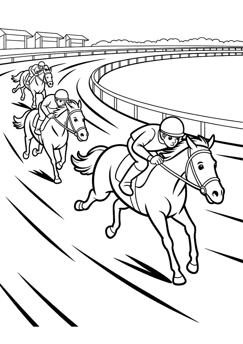 Kleurplaat van drie paarden met ruiters die naast en achter elkaar galloperen over een racebaan terwijl een tribunetribu