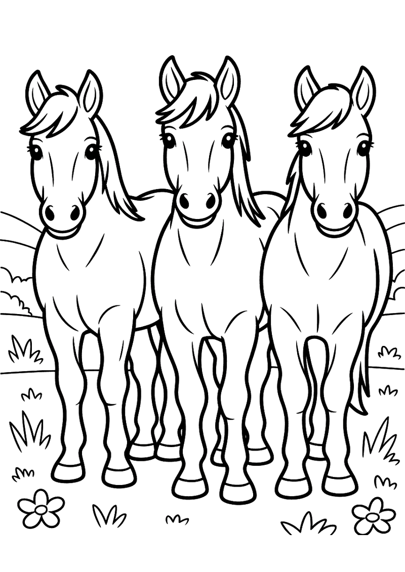 Kleurplaat van drie paarden die naast elkaar staan en recht naar de kijker kijken in een weide met bloemen en gras op de