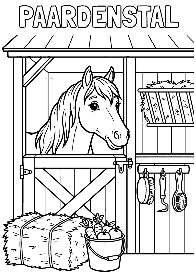 Kleurplaat van een paard dat over de staldeur kijkt, met hooiruif, borstels, een strobaal en een emmer wortels