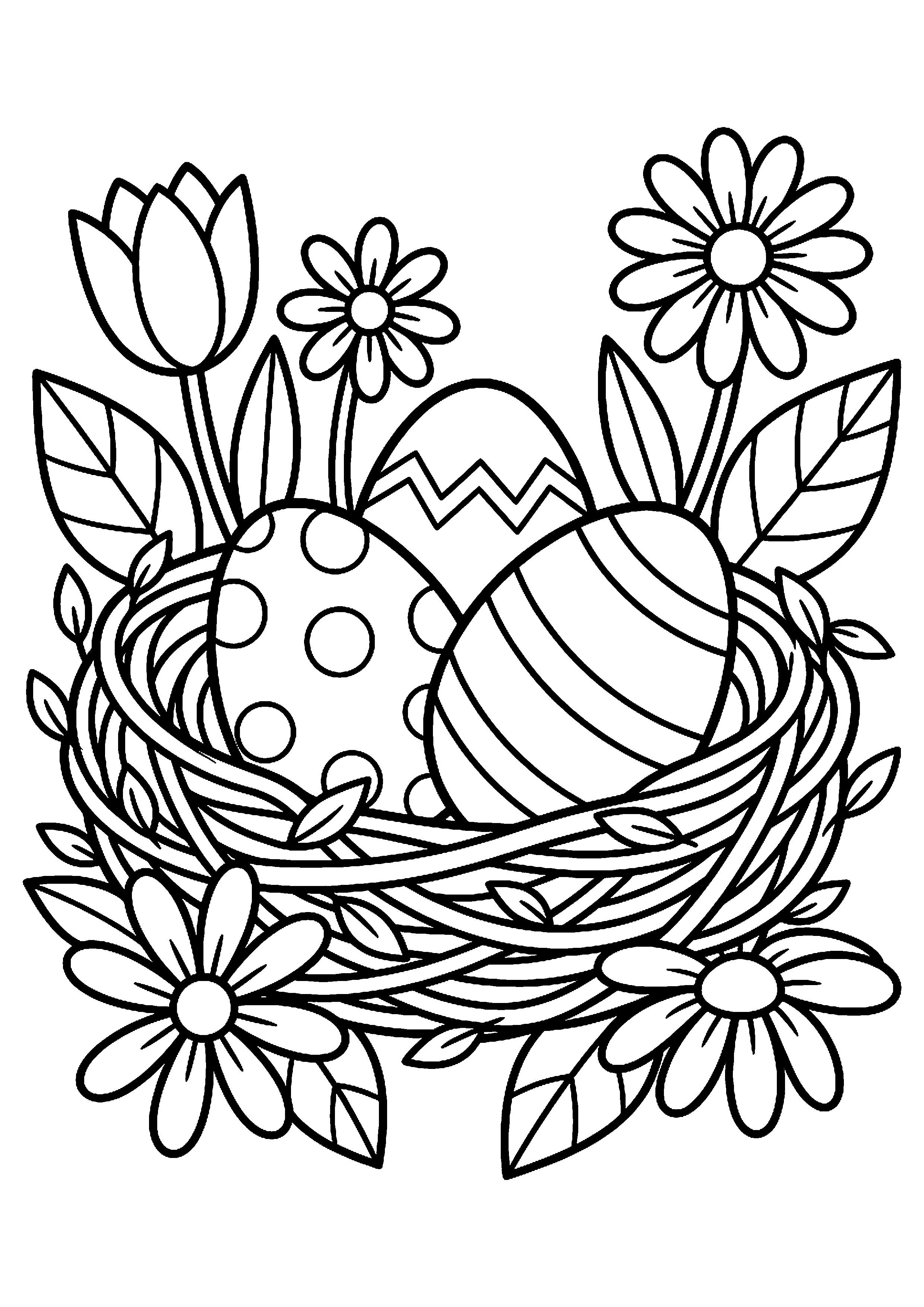 Paaseieren in een Nest met Bloemen Kleurplaat — gratis kleurplaat