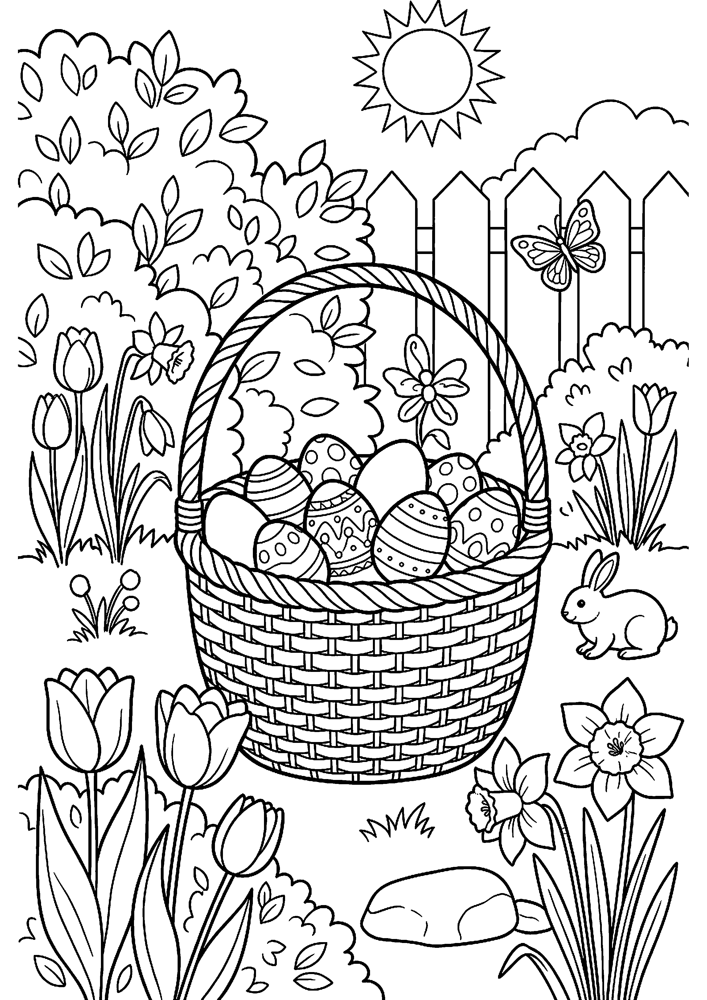 Paaseieren in grote mand in lentetuin kleurplaat — gratis kleurplaat