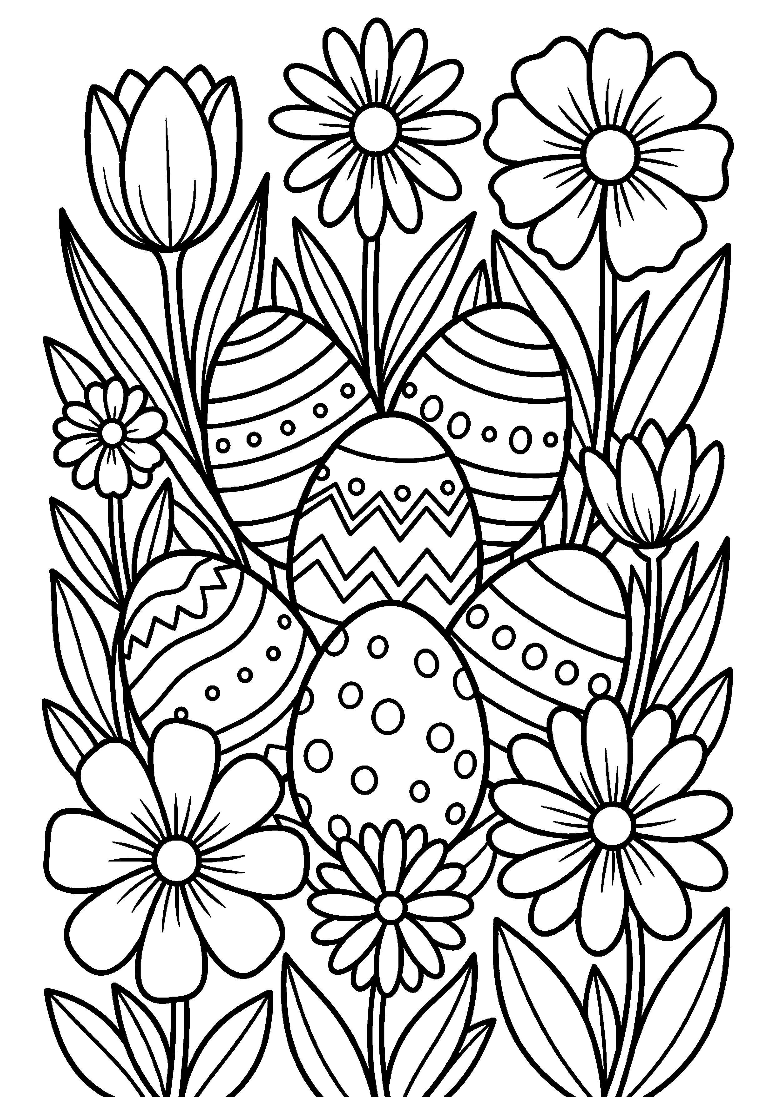 Paaseieren verstopt tussen bloemen kleurplaat — gratis kleurplaat