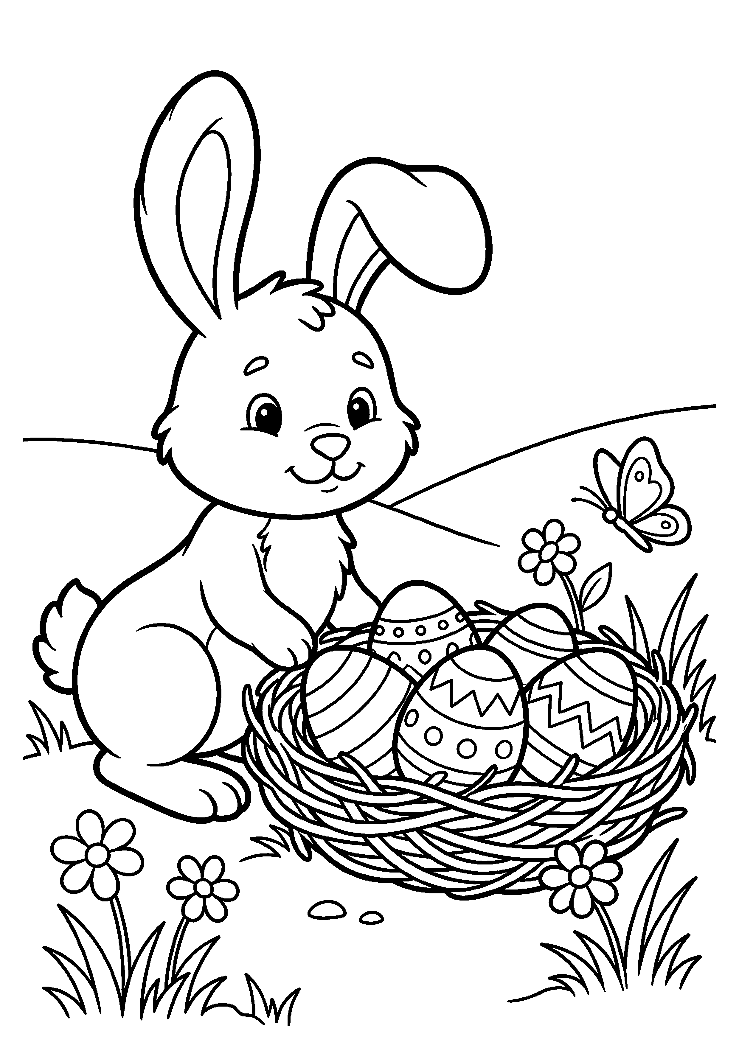 Paashaas bij nest met kleurrijke eieren kleurplaat — gratis kleurplaat