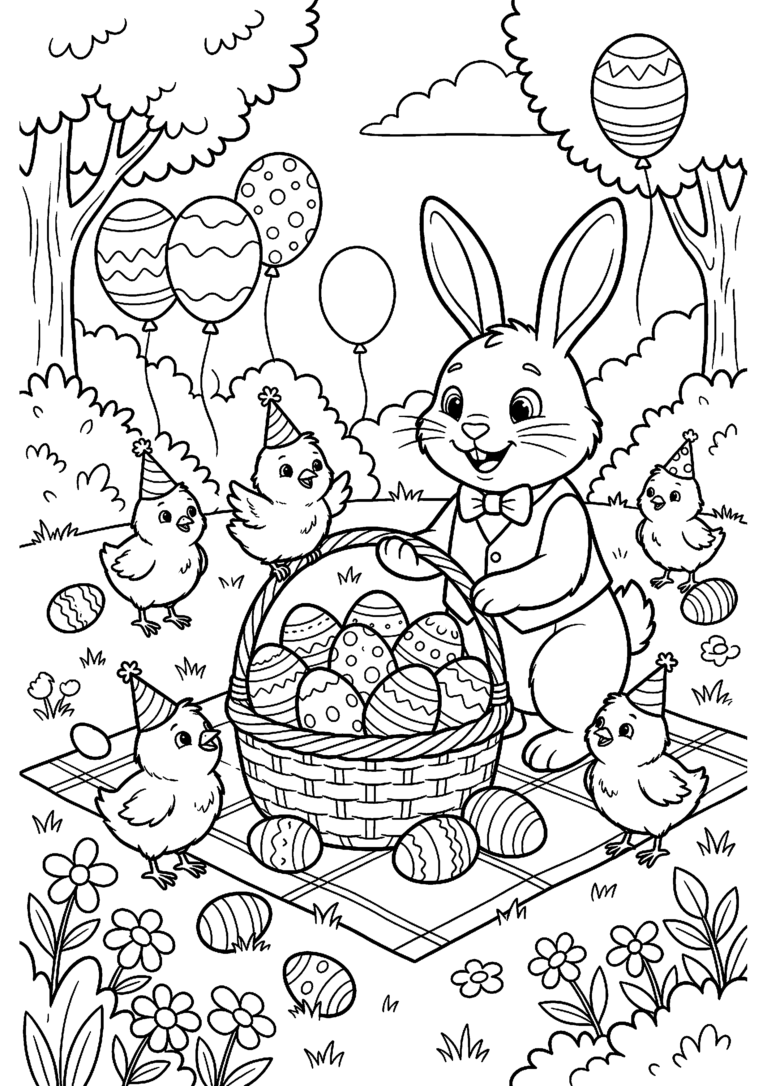 Paashaas en kuikens bij paaseierenfeest kleurplaat — gratis kleurplaat
