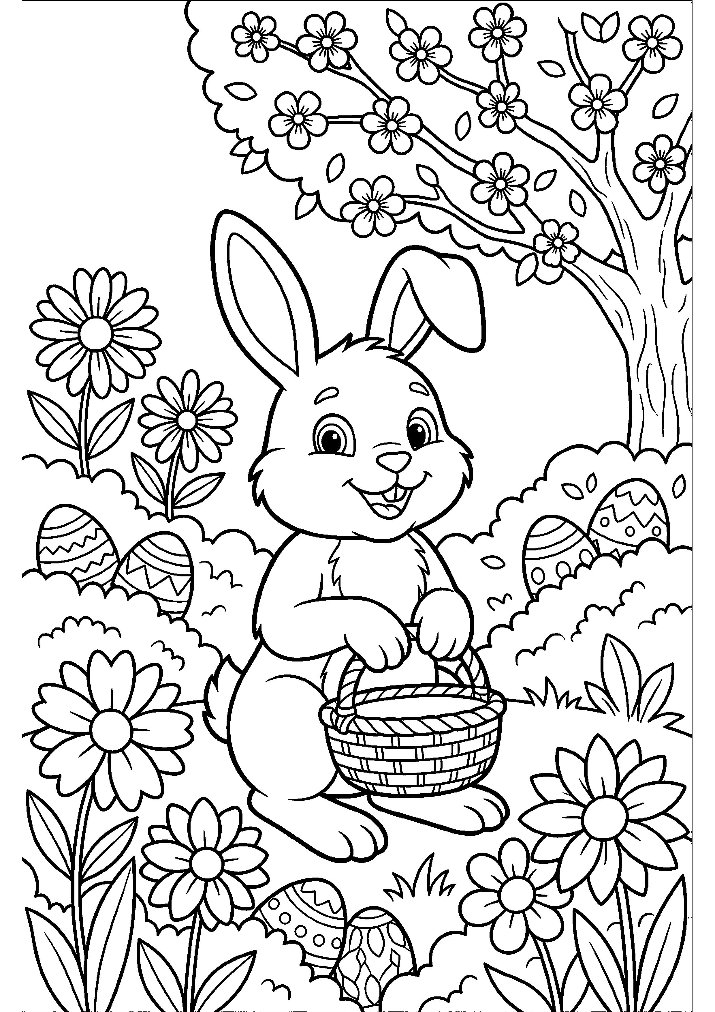 Paashaas in lentetuin met eieren kleurplaat — gratis kleurplaat