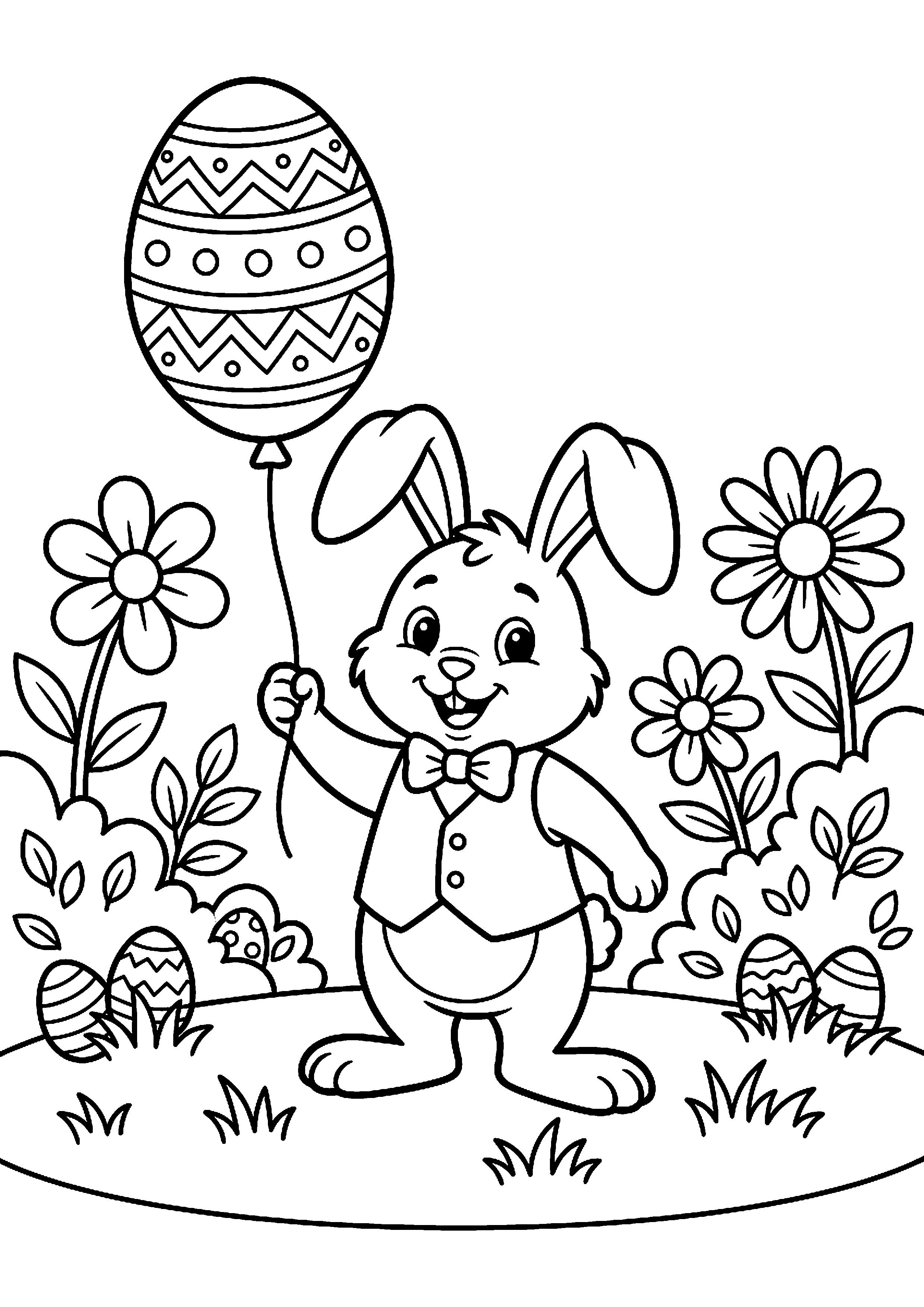 Paashaas met ballon in vorm van ei kleurplaat — gratis kleurplaat