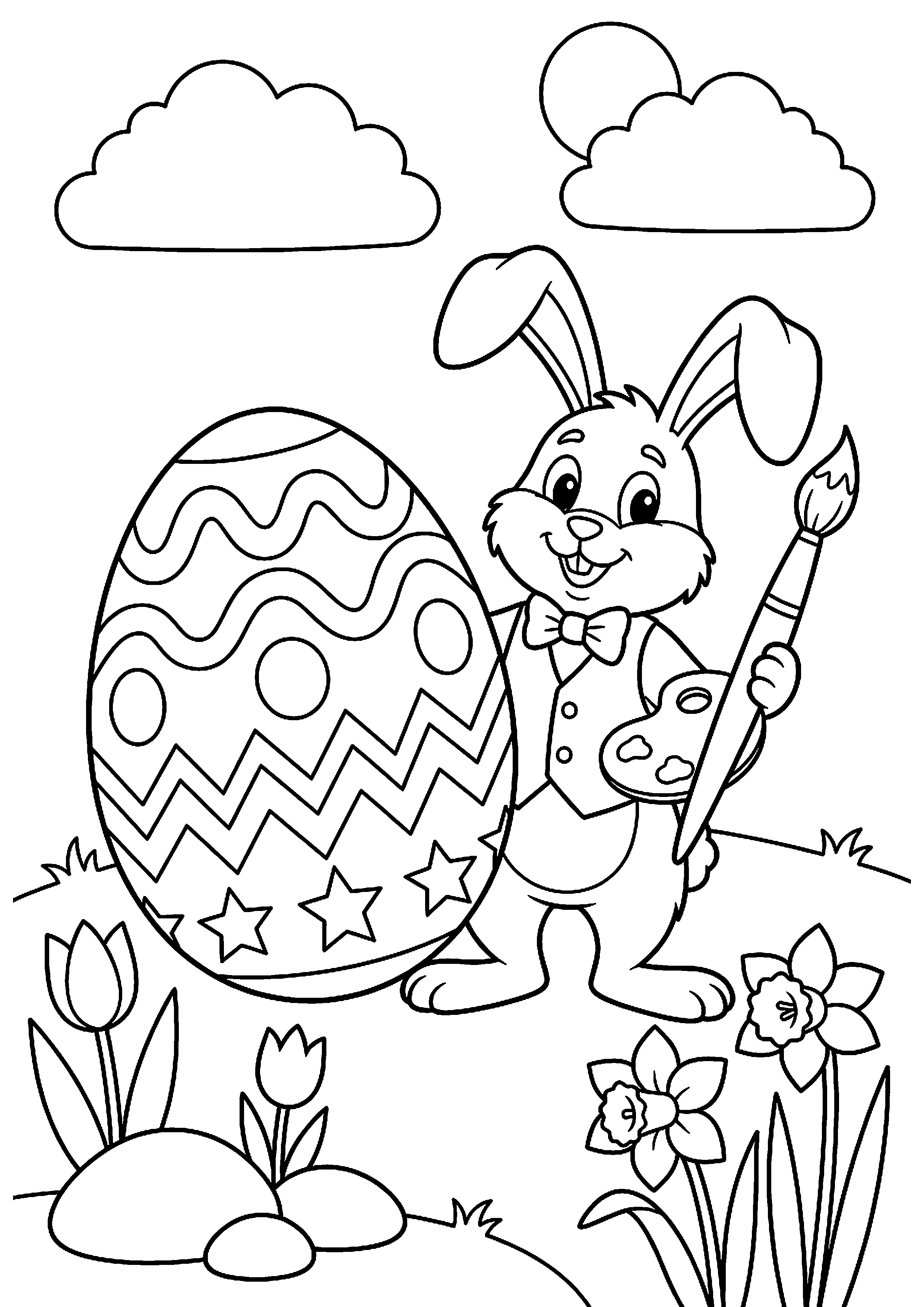 Paashaas met Groot Versierd Paasei Kleurplaat — gratis kleurplaat