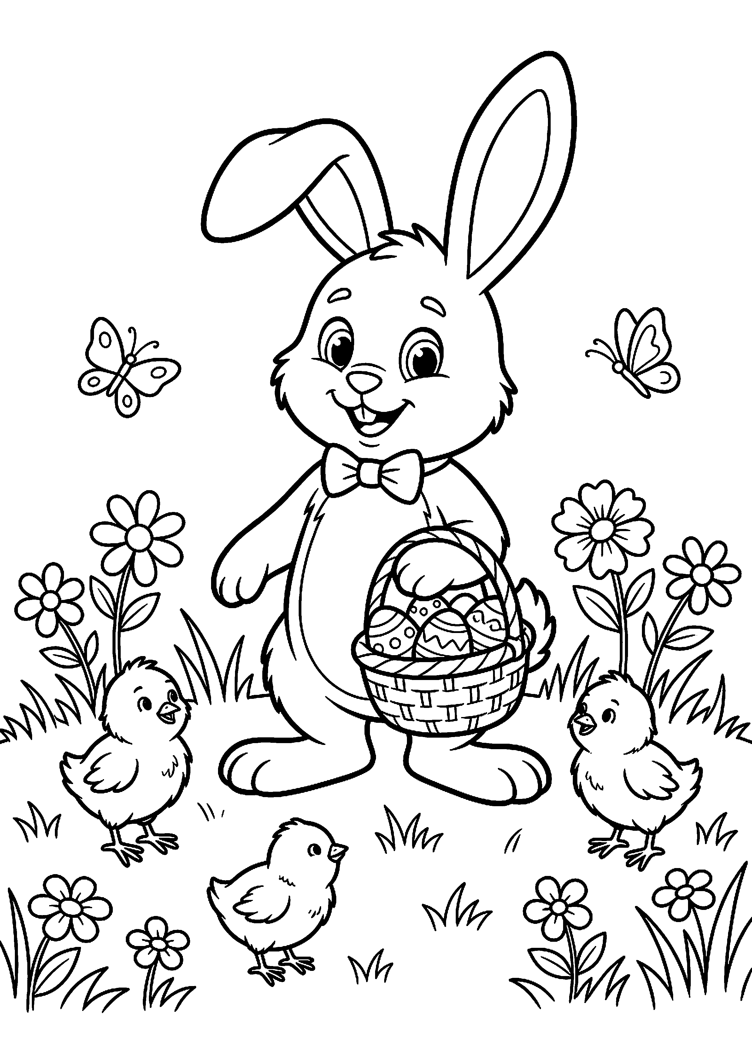 Paashaas met kuikens op grasveld kleurplaat — gratis kleurplaat