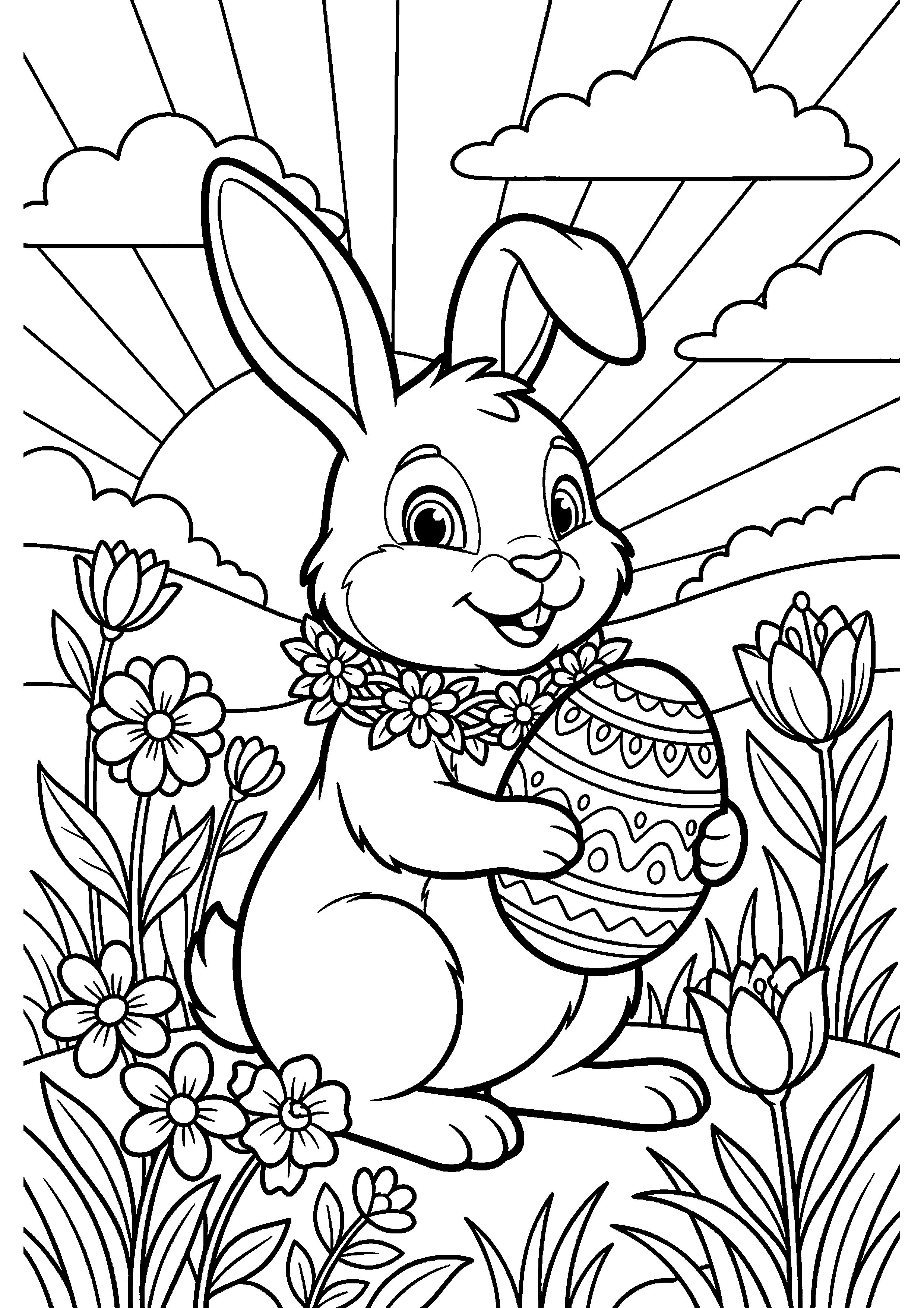 Paashaas met paasei en bloemenkrans kleurplaat — gratis kleurplaat