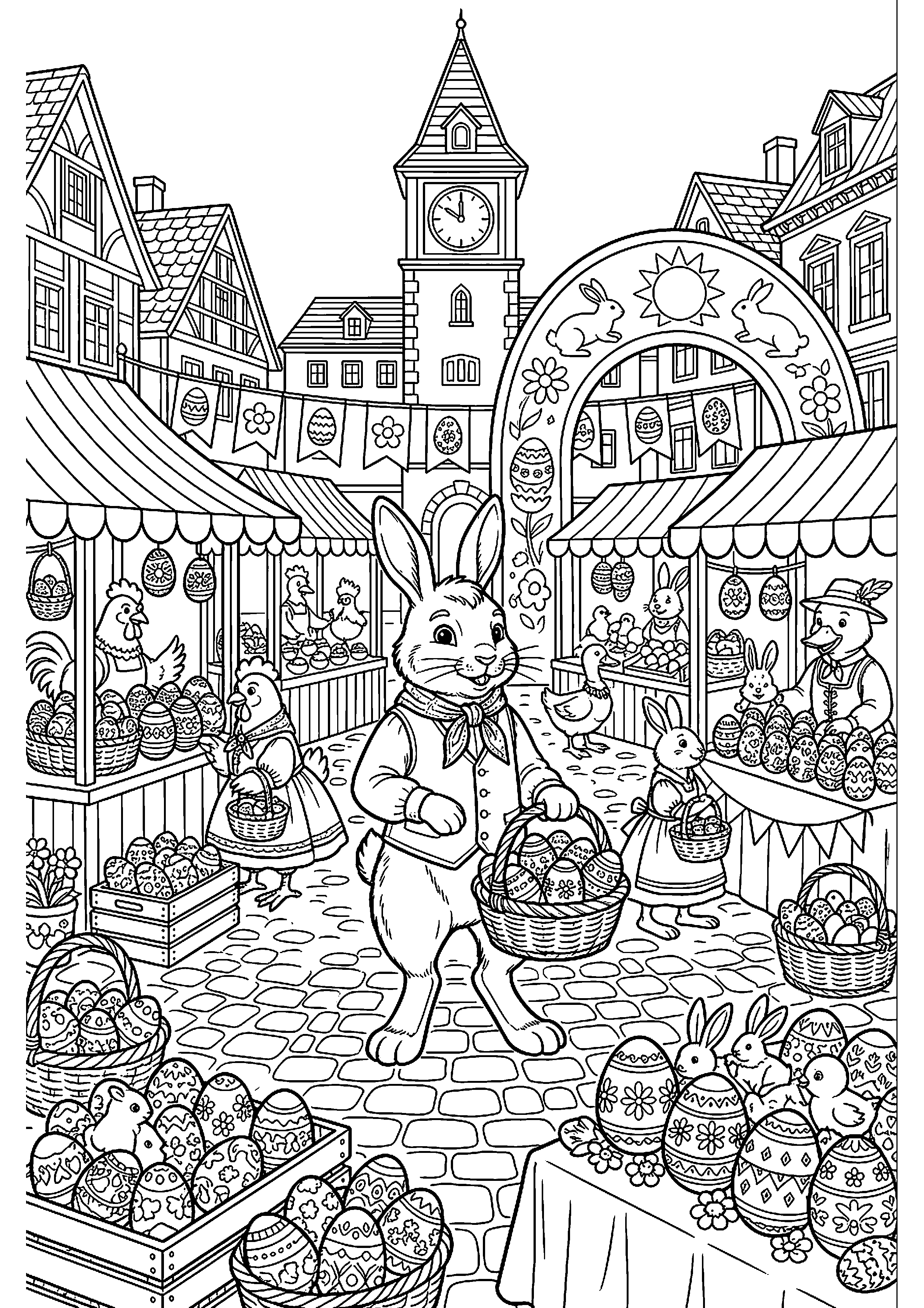Paashaas op plein met paaseierenmarkt kleurplaat — gratis kleurplaat