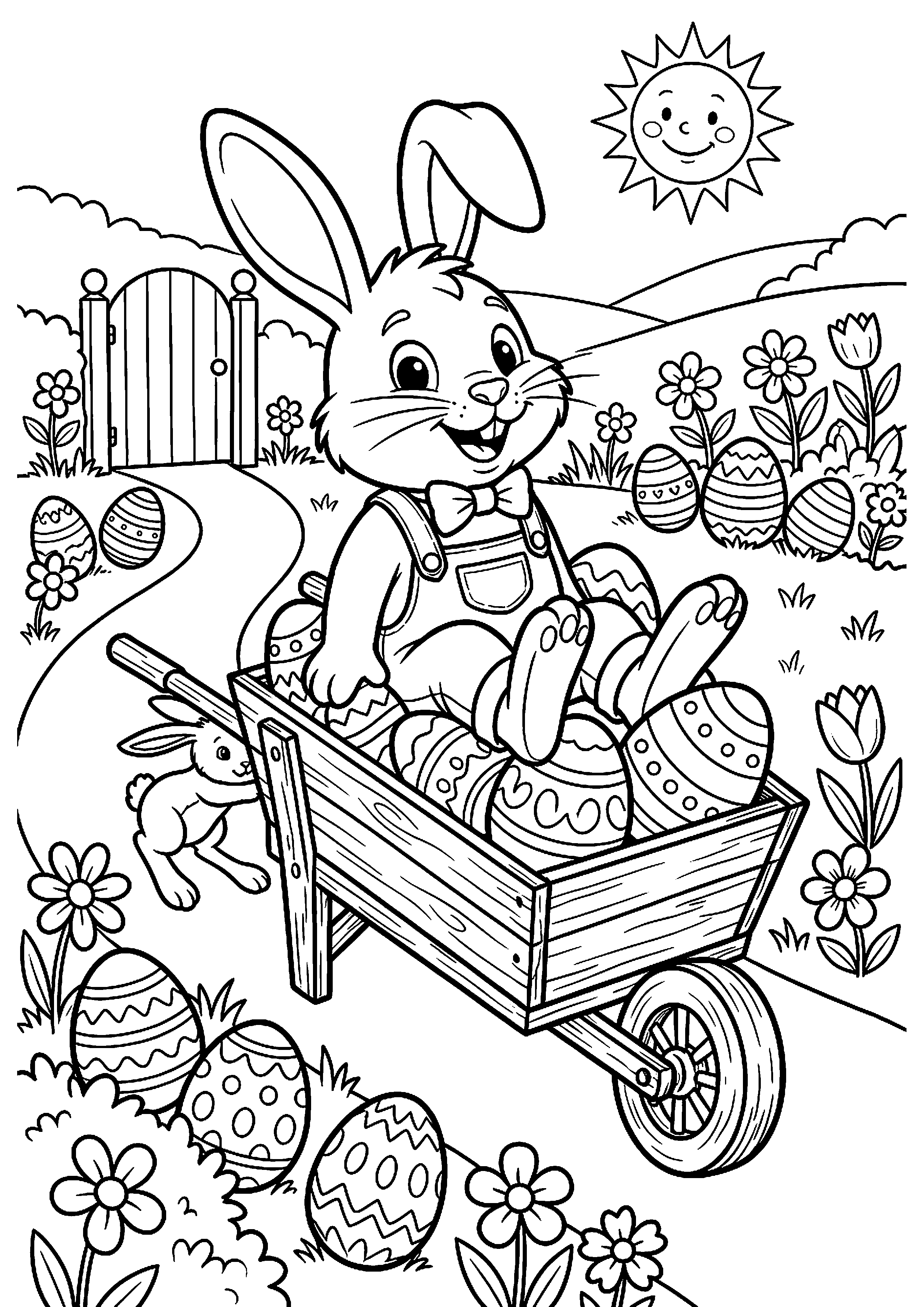 Paashaas Rijdt in Kruiwagen vol Eieren Kleurplaat — gratis kleurplaat