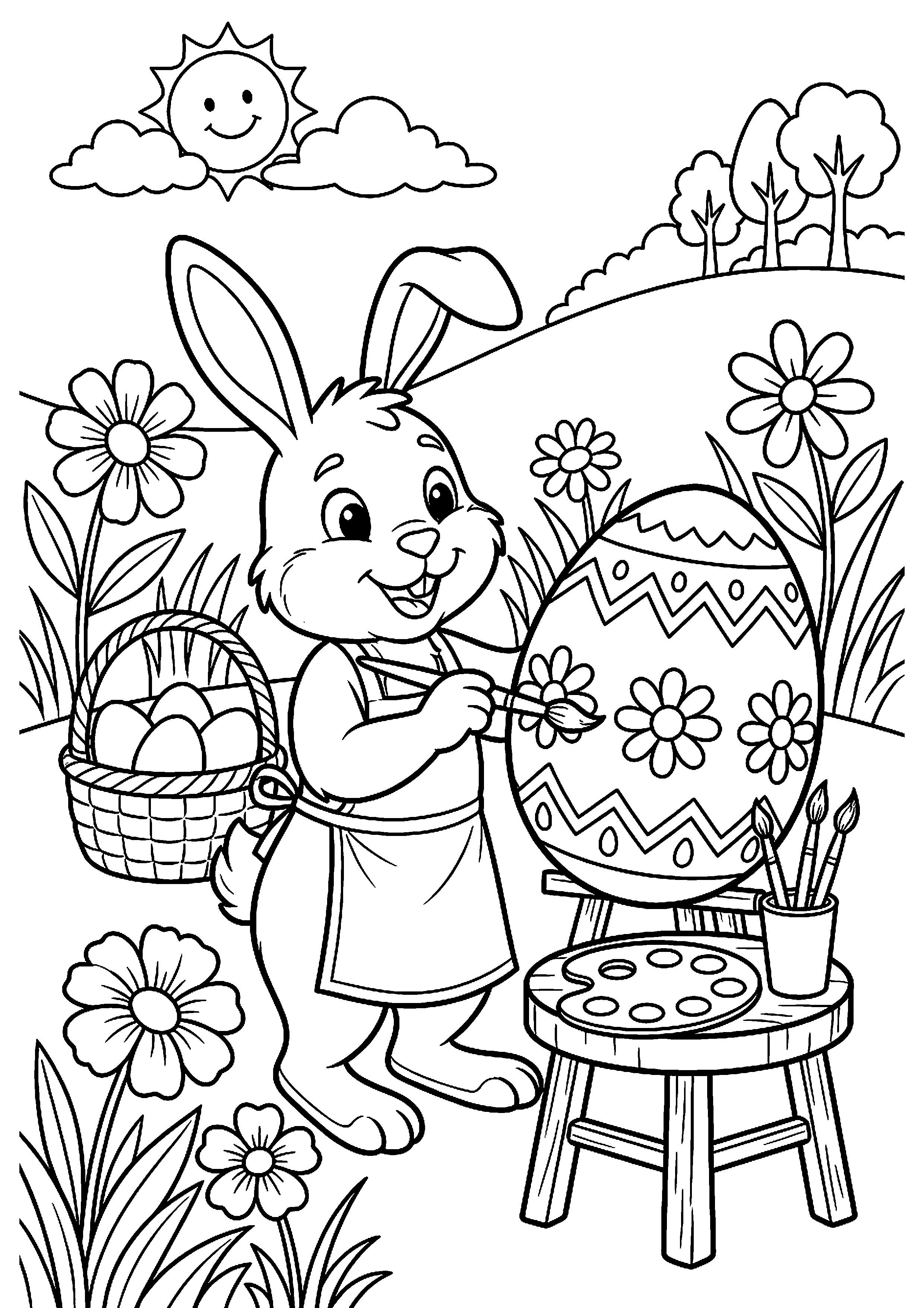 Paashaas schildert paasei met kwast kleurplaat — gratis kleurplaat