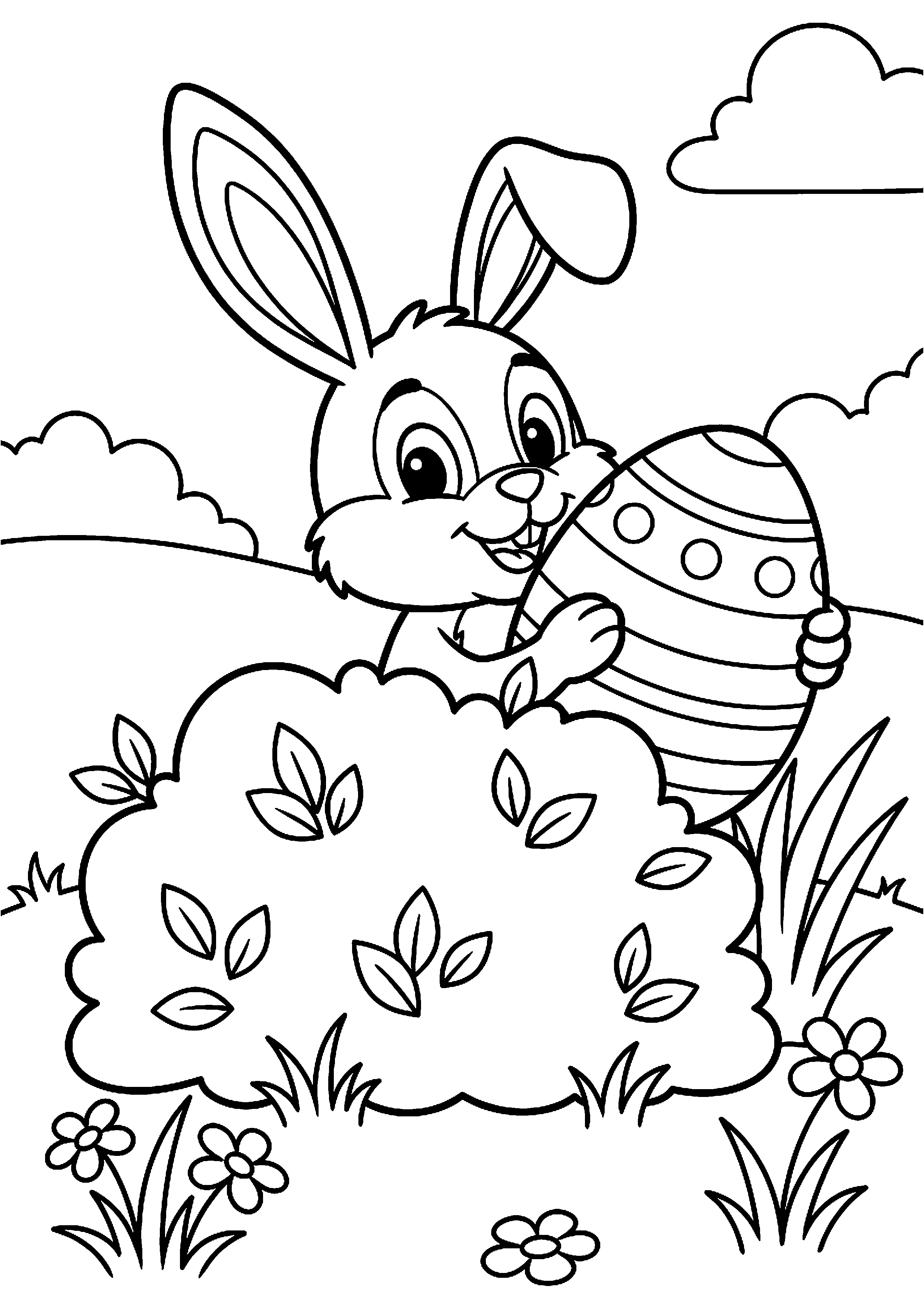 Paashaas verstopt ei achter struik kleurplaat — gratis kleurplaat