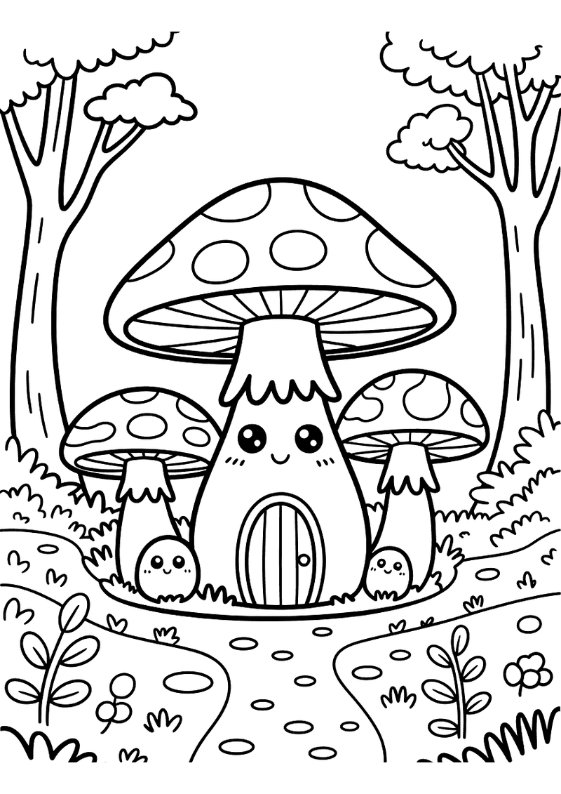 Kleurplaat van een paddenstoelhuis met deur en raam tussen kleine paddenstoelen en bomen in het bos.