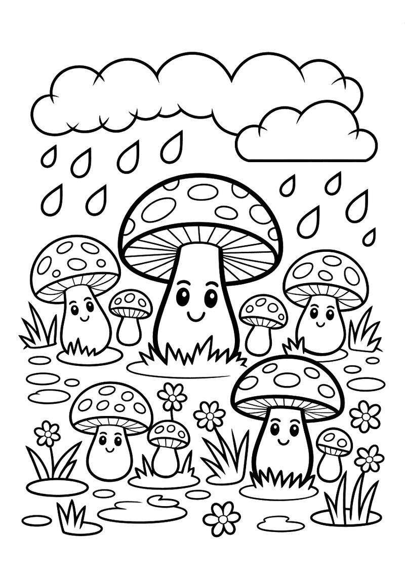 Kleurplaat van grote en kleine paddenstoelen met gezichtjes die in de regen staan, omringd door plassen, regenwolken en 