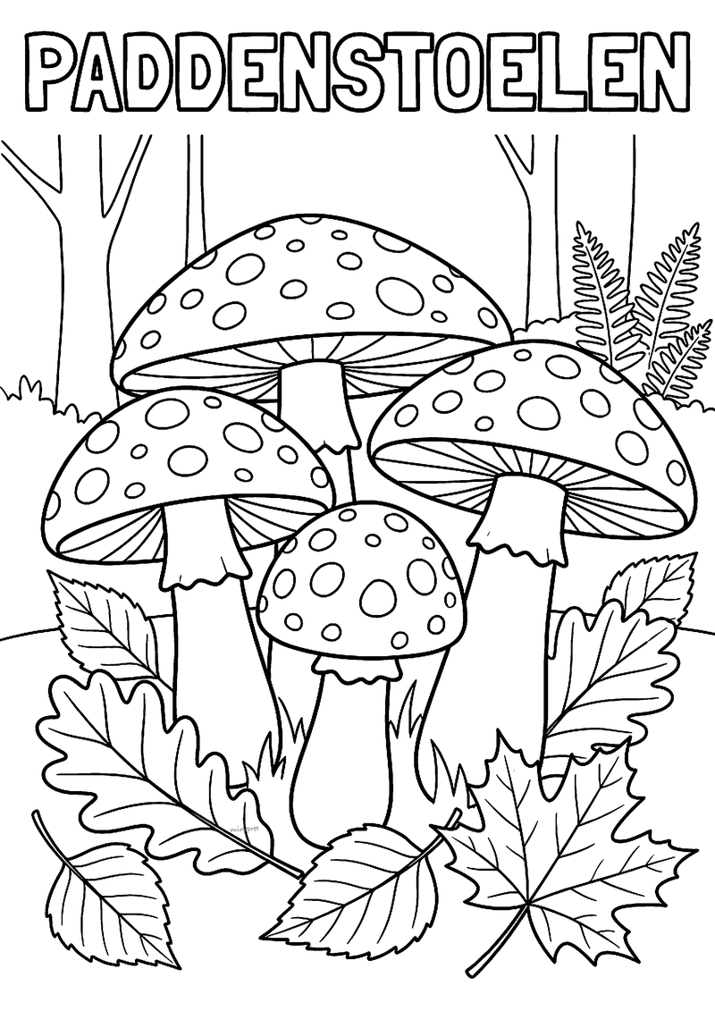 Kleurplaat van vier gestippelde paddenstoelen in het bos, omringd door varens en grote herfstbladeren