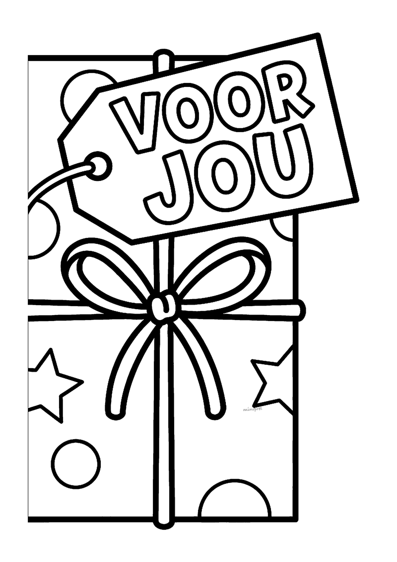 Kleurplaat van een cadeau met label waar VOOR JOU op staat, met strik en sterren erop