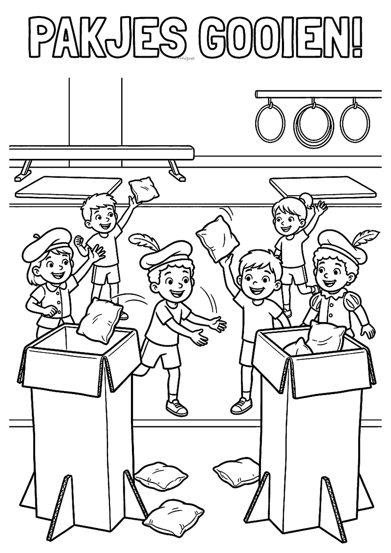Kleurplaat van kinderen met pietenmutsen die zakjes in twee kartonnen schoorstenen gooien, met de tekst PAKJES GOOIEN!