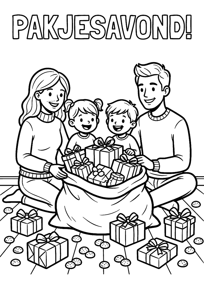 Kleurplaat van een gezin met twee kinderen rond een zak vol cadeautjes en pepernoten, met de tekst PAKJESAVOND!