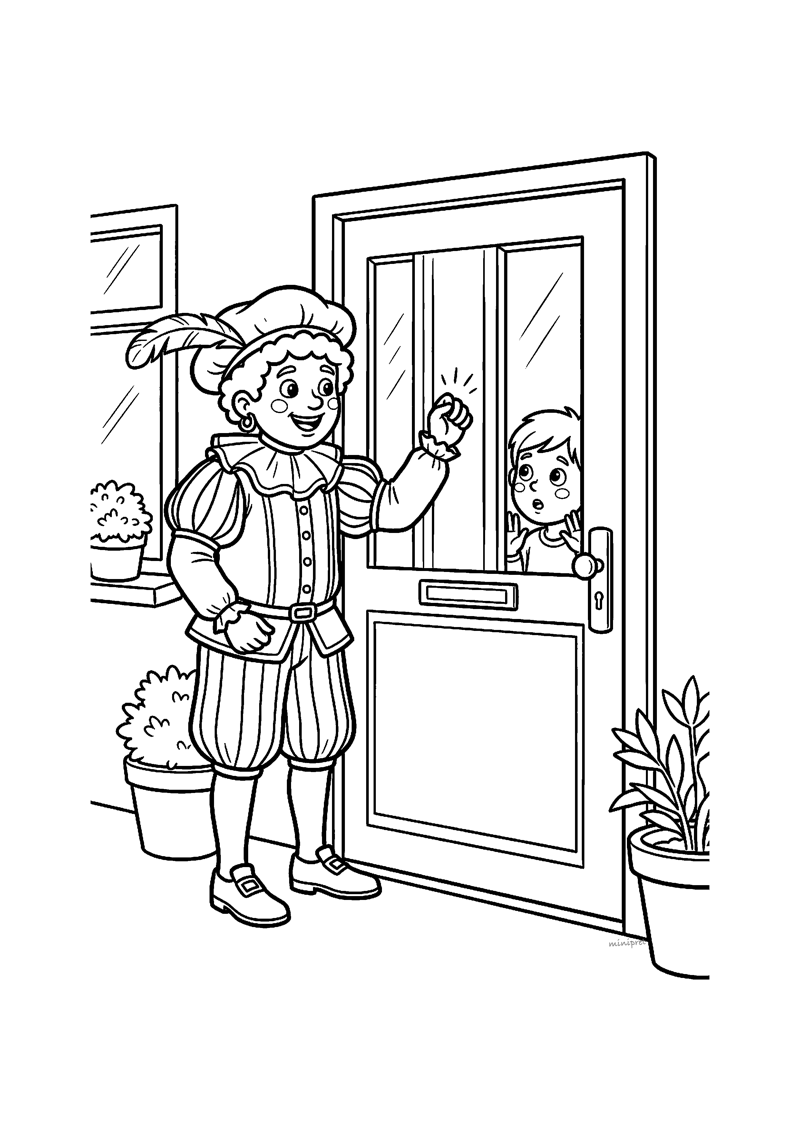Kleurplaat van Piet die op de voordeur klopt terwijl een kind door het raampje gluurt