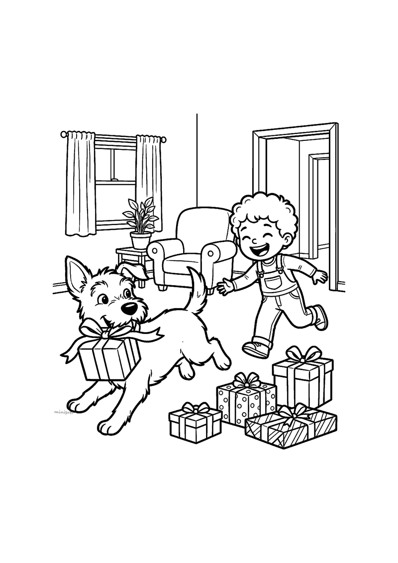 Kleurplaat van een hond die met een cadeau in zijn bek wegrent terwijl een kind hem achterna rent in de huiskamer
