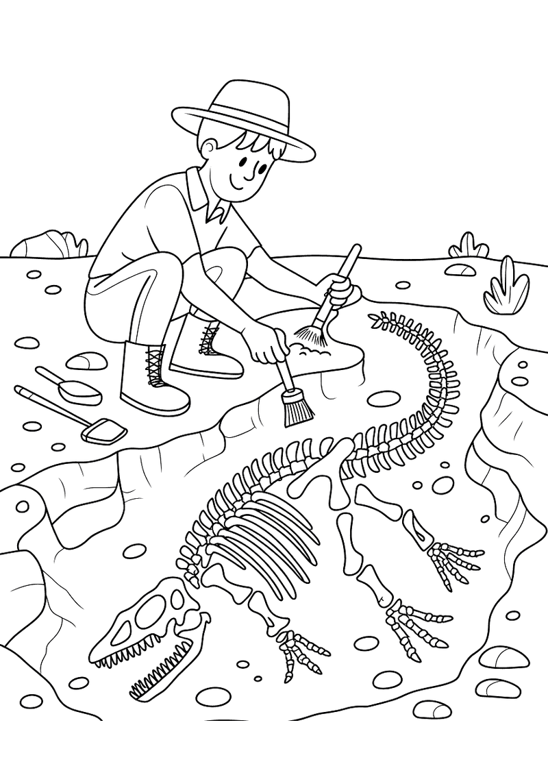 Kleurplaat van een paleontoloog met hoed die met een hamer en beitel een dinosaurusskeleton uit een rotslaag vrijlegt, o