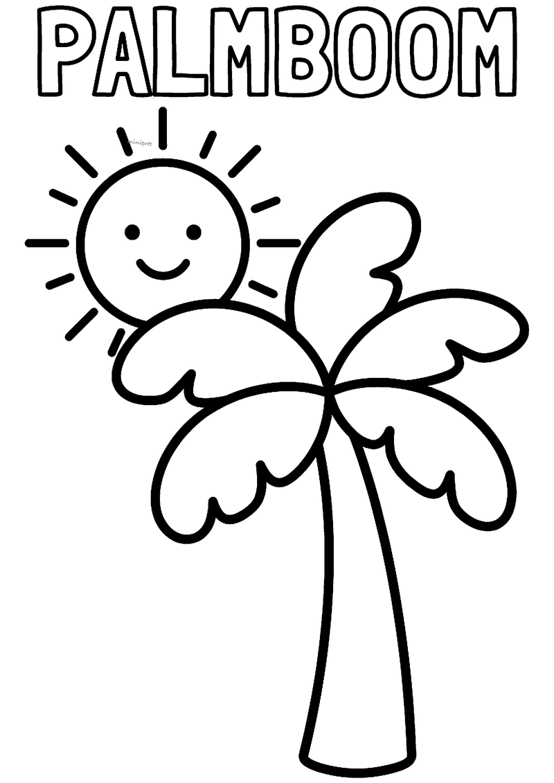 Kleurplaat van een eenvoudige palmboom met vijf grote bladeren en een lachende zon, met PALMBOOM erboven