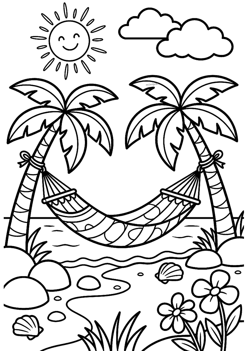 Kleurplaat van een hangmat met patroon tussen twee palmbomen aan zee, met een lachende zon, schelpen en bloemen