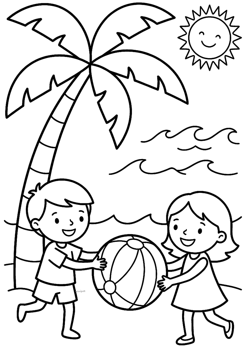 Kleurplaat van een jongen en een meisje die met een strandbal spelen onder een palmboom, met golven en een zon