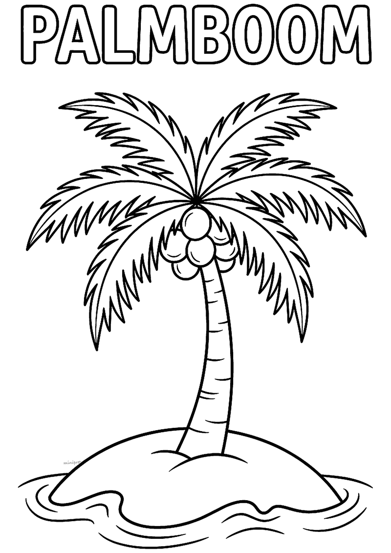 Kleurplaat van een palmboom met een tros kokosnoten op een klein eilandje in het water, met het woord PALMBOOM