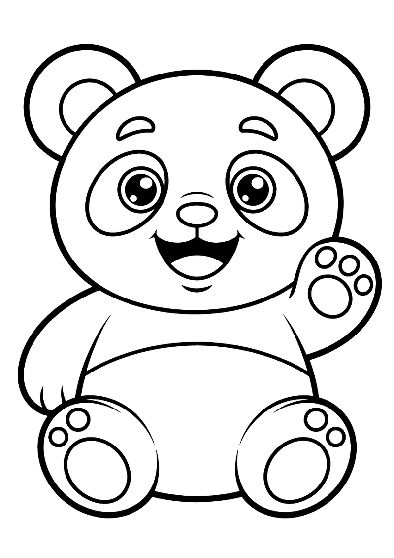 Kleurplaat van een chibi anime panda die breed lacht en met een ronde poot zwaait, groot rond hoofd met grote ogen