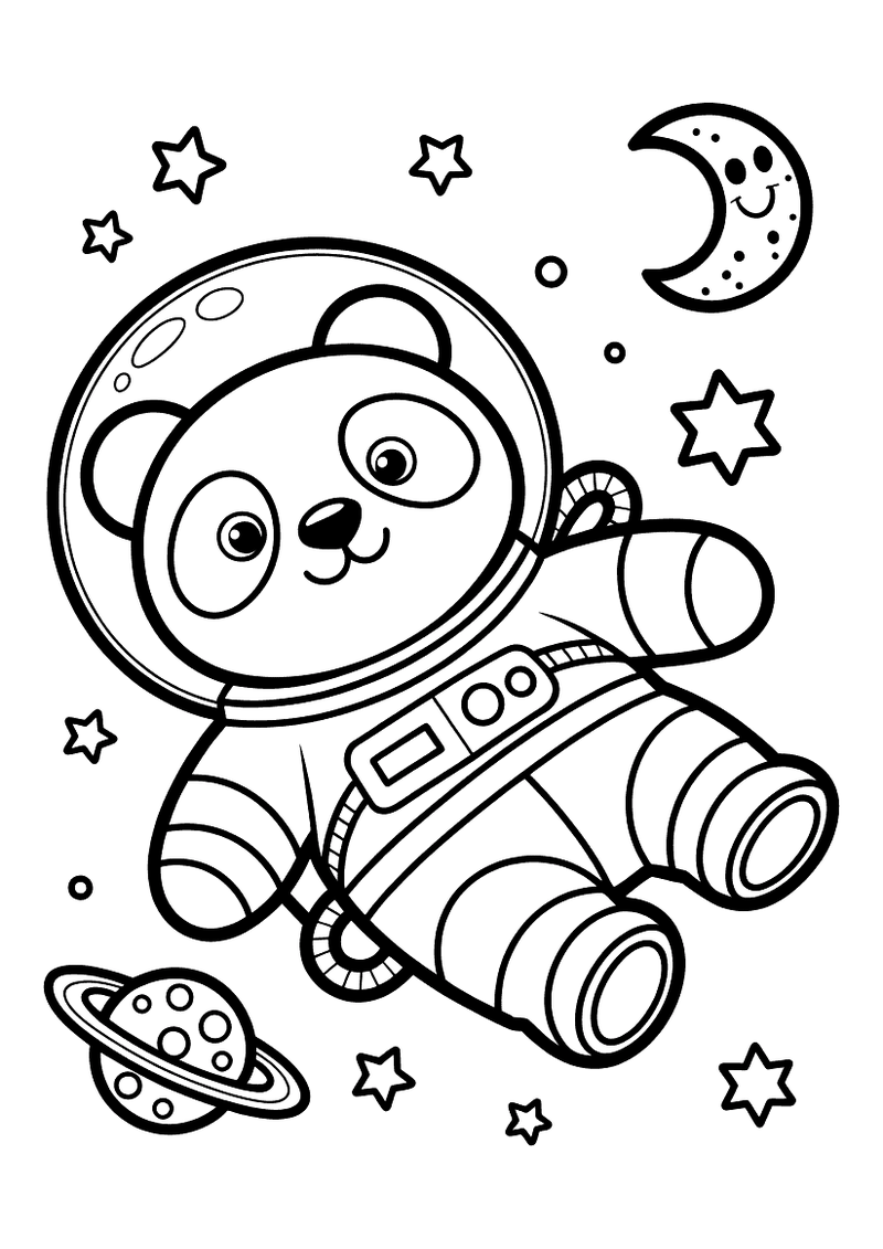 Kleurplaat van een panda in astronautenpak die zweeft in de ruimte, met een halve maan, sterren en een planeet