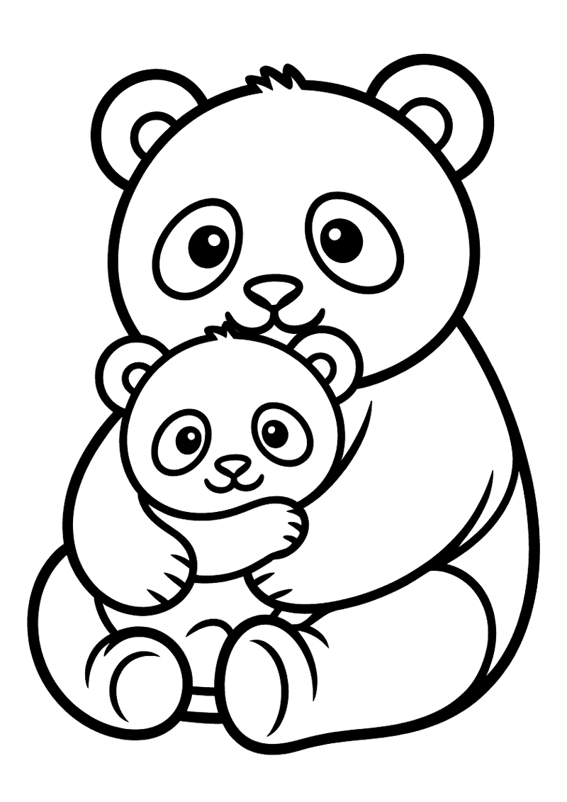 Kleurplaat van een grote mamapanda die zittend een kleine babypanda in haar armen houdt en tegen zich aandrukt