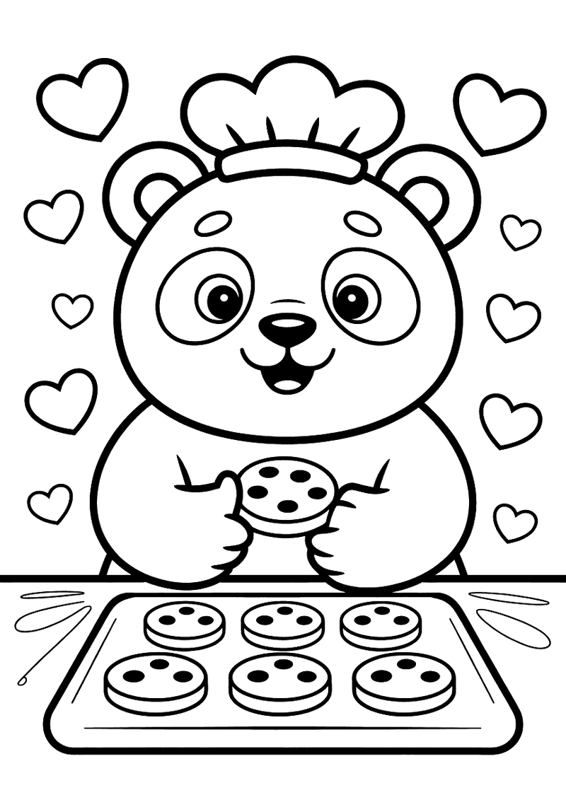 Kleurplaat van een panda met koksmuts die een koekje vasthoudt boven een bakplaat vol koekjes, hartjes eromheen
