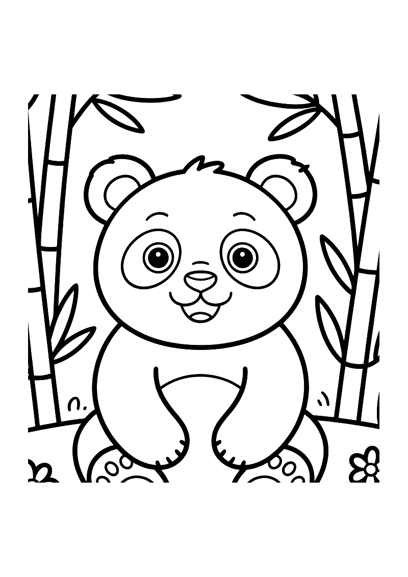 Kleurplaat van een lachende panda tussen hoge bamboestengels met bladeren en een kleine bloem op de grond