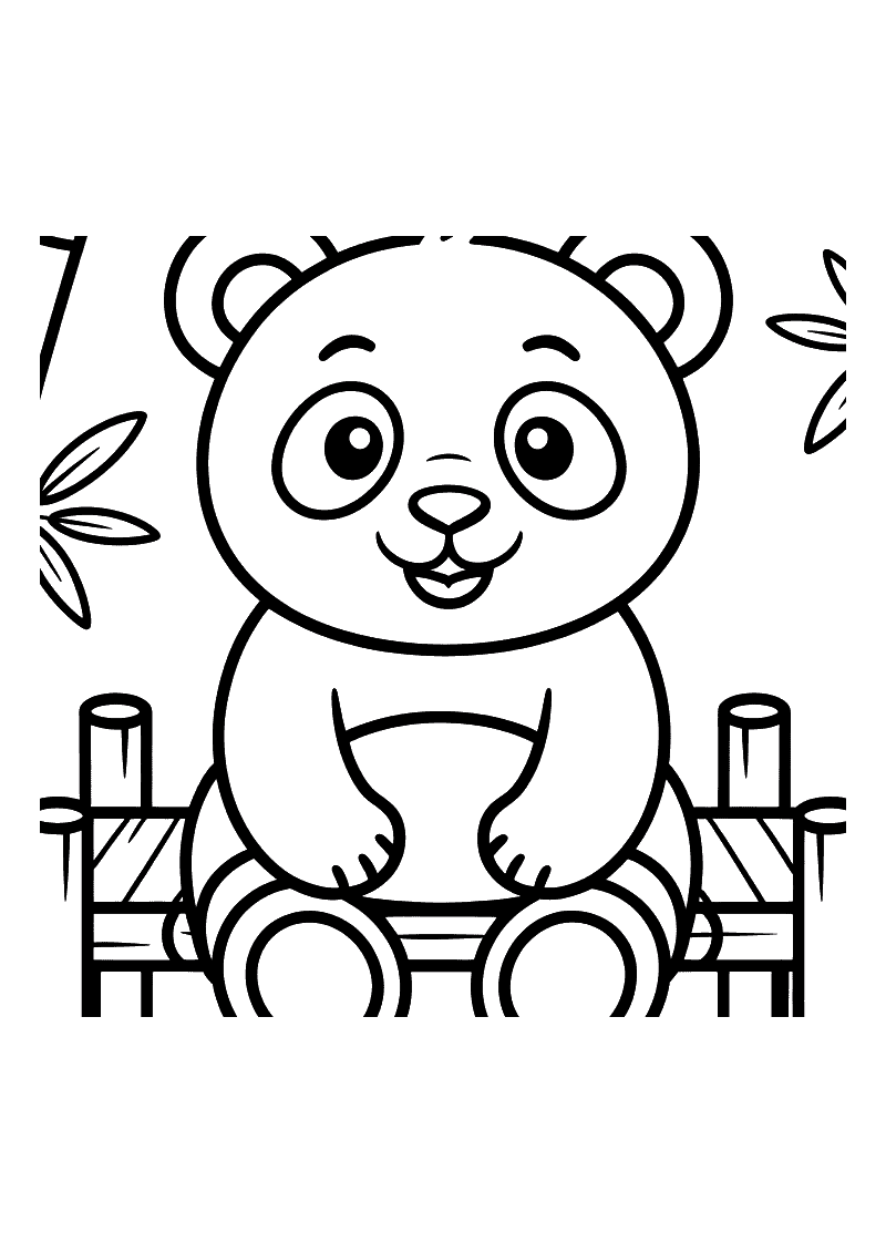 Kleurplaat van een lachende panda die op een bamboebrug zit met bamboestengels en bladeren zichtbaar rondom hem