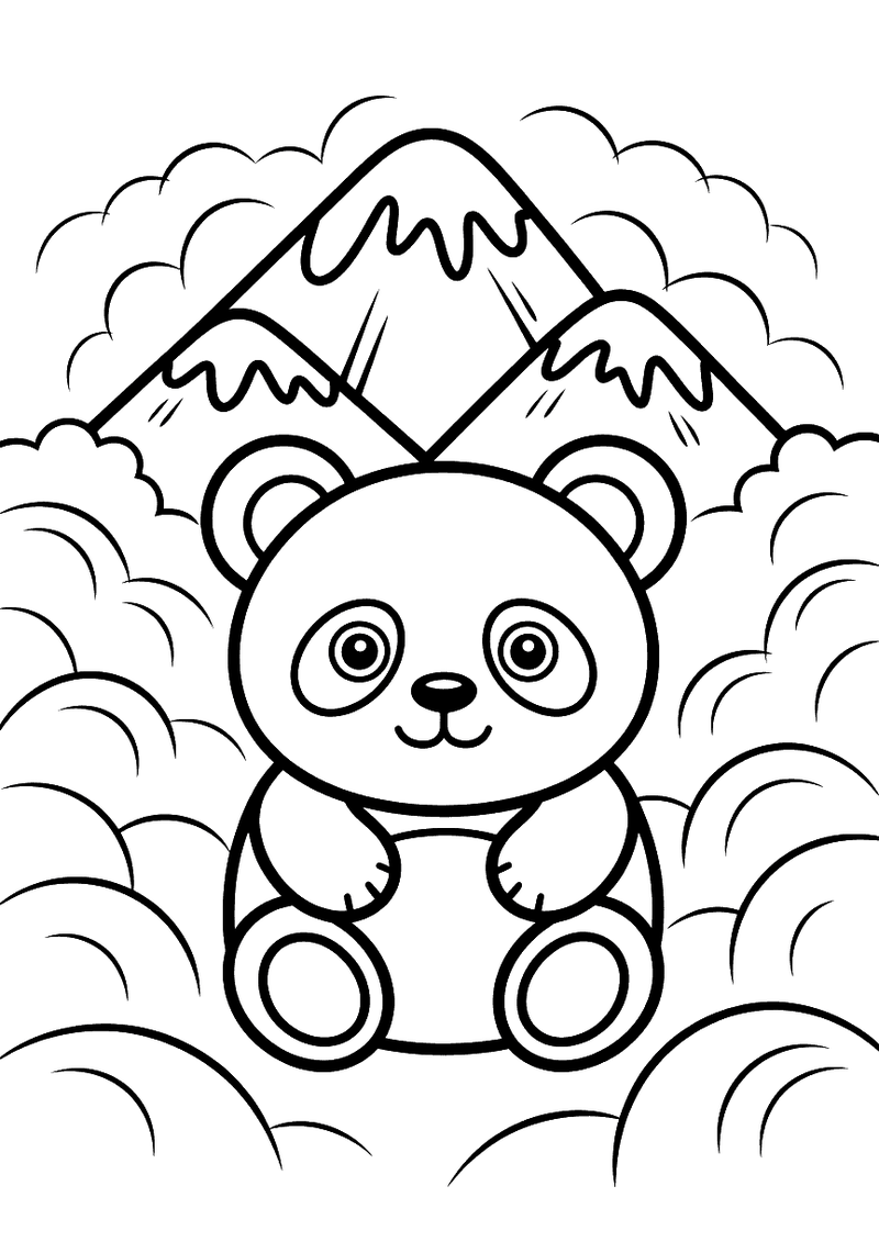 Kleurplaat van een kleine panda die zit voor twee hoge bergtoppen met sneeuw, wolken aan weerszijden van de berg