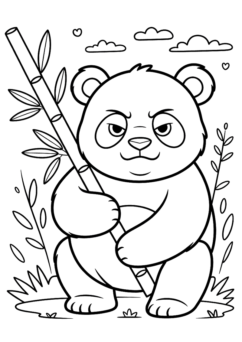 Kleurplaat van een forse panda die rechtop staat en een lange bamboestengel vasthoudt met vastberaden blik