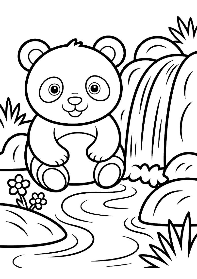 Kleurplaat van een kleine panda aan de oever bij een waterval, met een bloem en planten op de voorgrond en rotsen